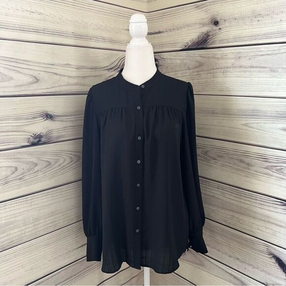 Loft Black Jacquard Patterned Button Down Blouse - Picture 1 of 10